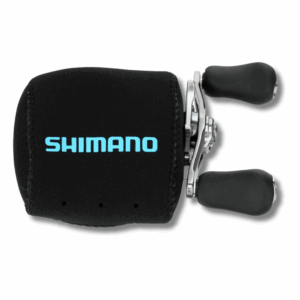 Shimano Neoprene Baitcasting Reel Cover in black and cyan, fitted on a Shimano Curado 200 reel, displayed against a fishing rod background with Blue Water Gear branding.