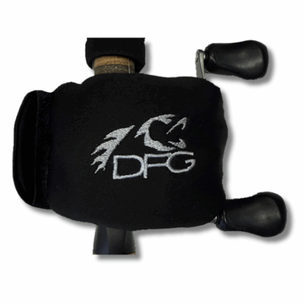 DFG Baitcasting Reel Cover in black, fitted on a Shimano Curado 200 reel, displayed against a fishing rod background with Blue Water Gear branding.